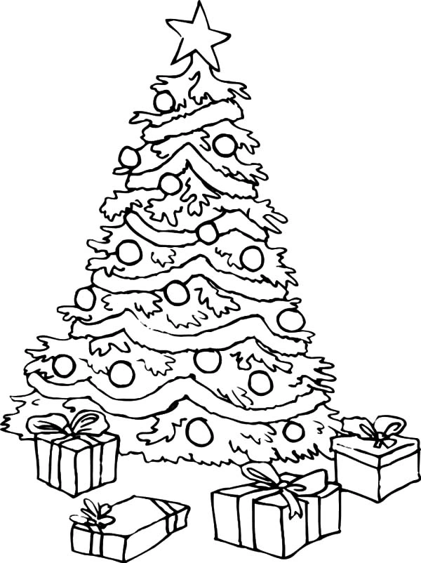 Christmas tree with four gifts coloring page